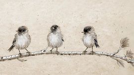Japandi stijl schilderij: 3 grappige vogeltjes op een twijg van een Larixboom