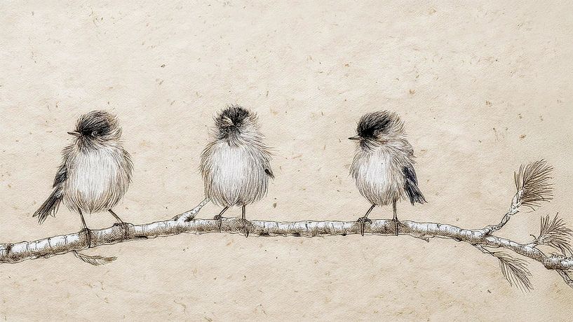 Drei lustige kleine Vögel auf einem Zweig eines Larix-Baumes von Studio Pieternel