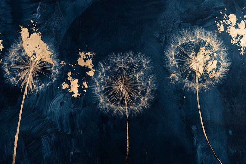 Paardebloem kunst blauw met goud van Digitale Schilderijen