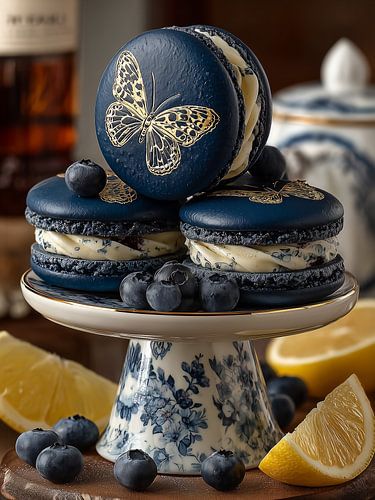 Delft-Blau-Stillleben mit Schmetterlings-Macarons, Heidelbeeren und Zitronen