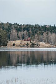 Red house on small hill by a lake in Zweden