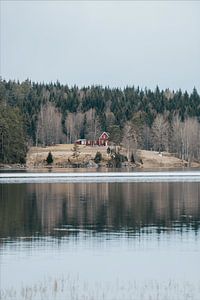 Maison rouge sur une petite colline près d'un lac