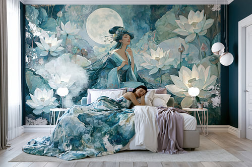 „Serene Lotusdroom“ – Japanische Eleganz in tiefem Indigo