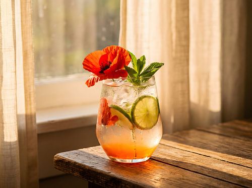Cocktail estival rafraîchissant garni de fleurs de pavot et de citron vert