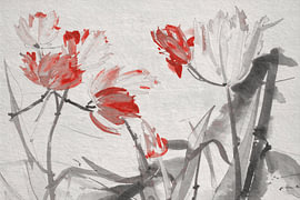 Wabi-Sabi. Orientalisches Blumenstillleben in Grautönen mit Rot