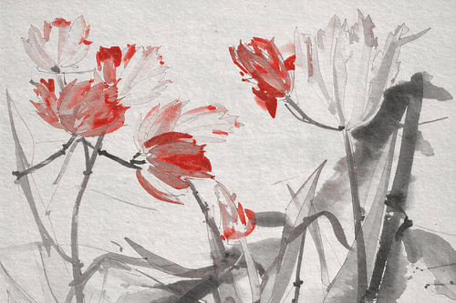 Wabi-Sabi. Orientalisches Blumenstillleben in Grautönen mit Rot