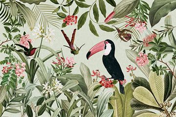 Exotic toucans and hummingbirds in the tropical jungle by Floral Abstractions