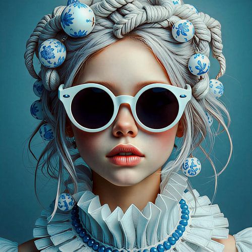 Een fine art portret van een meisje Dutch delft blauw moderne stijl.