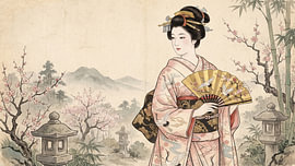 Anmutige Geisha unter Blüten in einem nebligen Garten von my pixel art