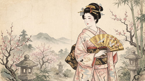 Graceful Geisha Beneath Blossoms in a Misty Garden