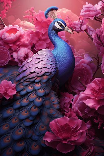 Elegante blauwe pauw met roze bloemen