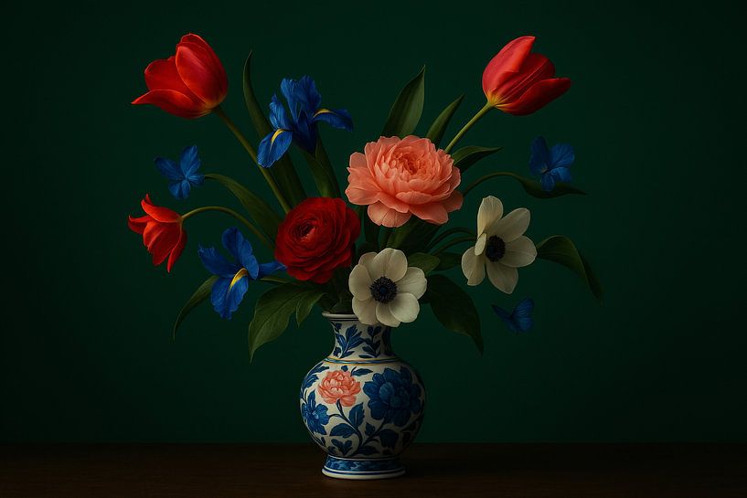 Bloemenharmonie in Vaas – Delfts Blauw Stilleven van Kleurenrijk