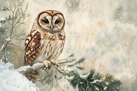 Winterliche Waldohreule in sanftem Aquarelllicht