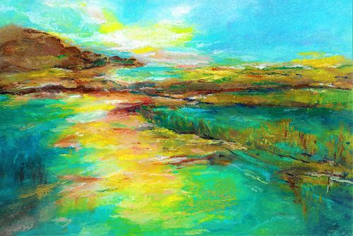 Soleil couchant sur la mer des Wadden. Pastel à l'huile, peint à la main.