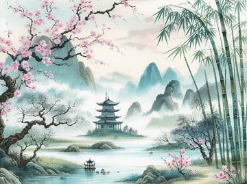 Paysage de lac et de montagne dans le style chinois sur Fukuro Creative