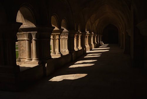Het spel van licht en schaduw tussen de zuilen van de abdij van Fontenay (Bourgogne, Frankrijk)