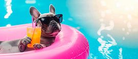 Relaxed dog in the pool with a drink by Poster Art Shop