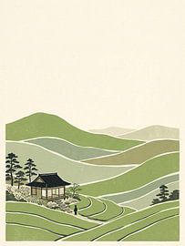 Serene Japanese Tea House Among Peaceful Rolling Green Countryside Fields by my pixel art