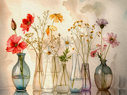 Elegant painting: row of vases with field flowers