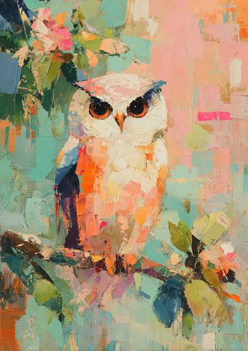 Owl in an apple tree - Abstract oil painting
