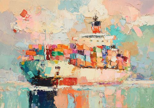Colourful container ship in expressive painting