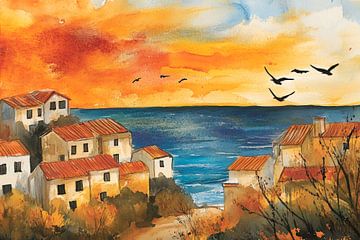 Zonsondergang over schilderachtige huizen van Poster Art Shop