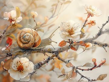 A blossom branch with snail
