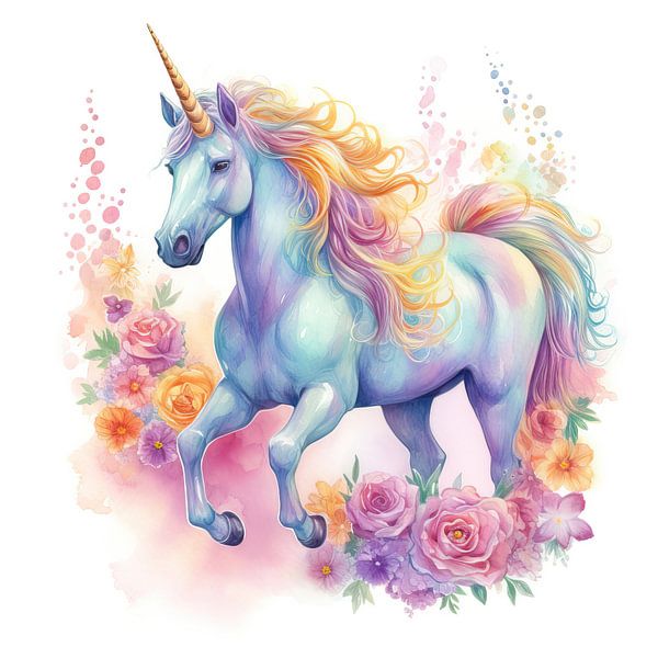 Süßes Einhorn mit Blumen von Blickfänger Gemälde