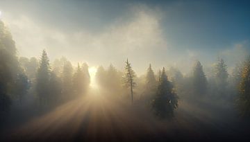 Ochtendnevel met zonlicht in het bos van Denny Gruner