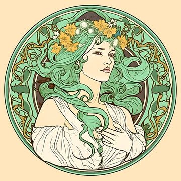 Vrouw met lang groen haar, stijl Alphonse Mucha van Jan Bechtum