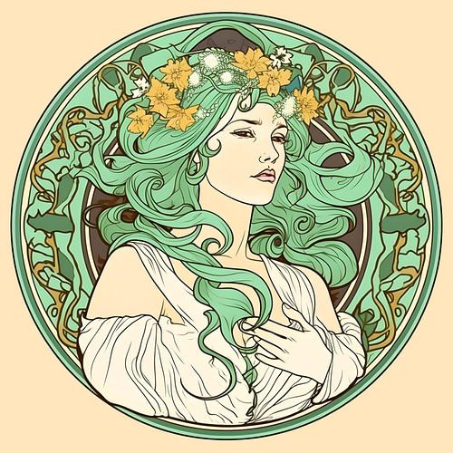 Woman with long green hair, Alphonse Mucha style