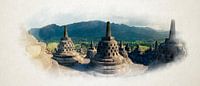 De Borobudur-tempel in aquareltechniek