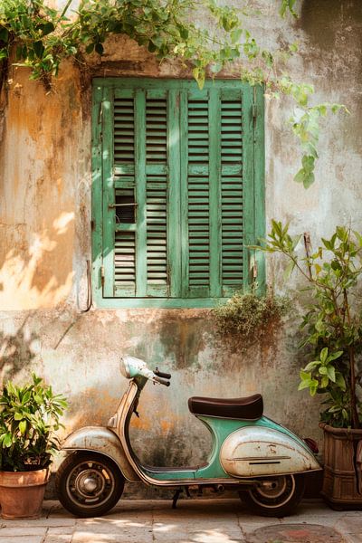 Vespa vor Fenster von Poster Art Shop
