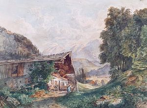 Franz Barbarini, Alpenlandschaft mit Bauernhaus und Frau an der Quelle, um 1860