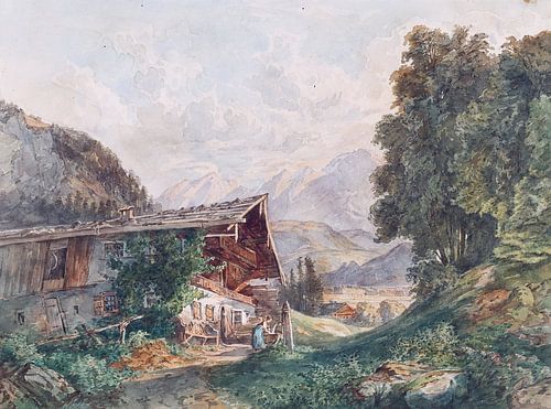 Franz Barbarini, Alpenlandschap met boerderij en vrouw bij de bron, ca 1860