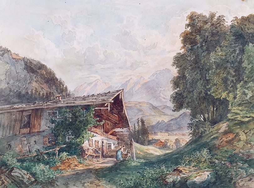 Franz Barbarini, Alpine landscape with farmhouse and woman by the spring, c. 1860 by Atelier Liesjes