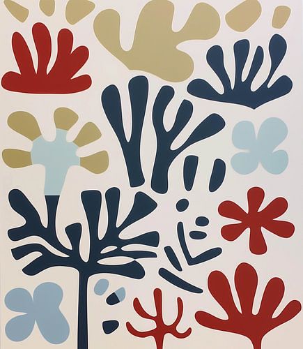 Formes organiques ludiques en rouge, bleu et beige