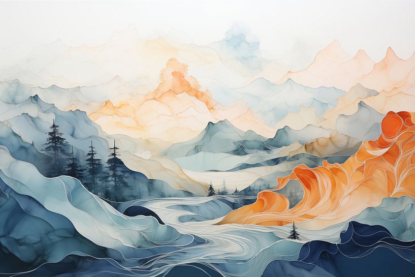 Abstract mountain landscape in watercolour by NJ Midnight Studio
