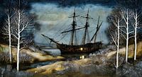 old sailing ship, illuminated