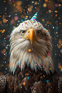 Grappige adelaar met feesthoed viert verjaardag in een regen van confetti van Felix Brönnimann