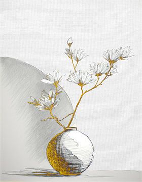 Minimalistisch Japandi stilleven:  Bloesem op gouden vaas van Studio Pieternel