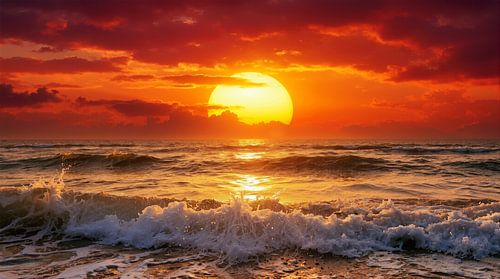 Een spectaculaire zonsondergang boven de golven van de oceaan