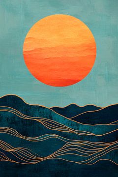 Coucher de soleil sur des vagues stylisées sur Poster Art Shop