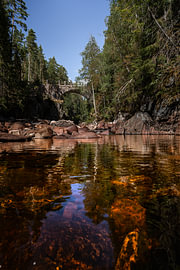 Schwedische Natur – Vertikaler Fotodruck der alten Steinbogenbrücke in der Brattfallet-Schlucht von Dylan Winter Visuals