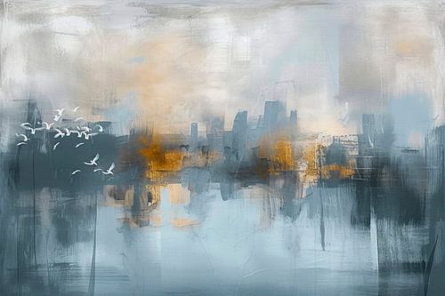 Abstract, schilderij, tinten van grijs, stad
