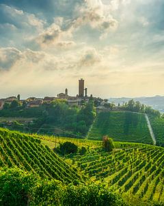 Der Barbaresco-Turm und die Terrassenweinberge in den Langhe-Hügeln