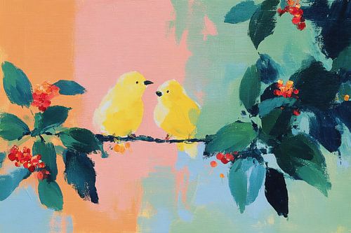 Twee gele vogels op een tak