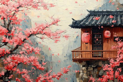 japanese art house with blossom garden