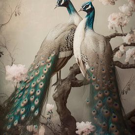 Two peacocks on a tree in beige tones