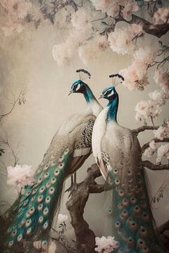 Two peacocks on a tree in beige tones